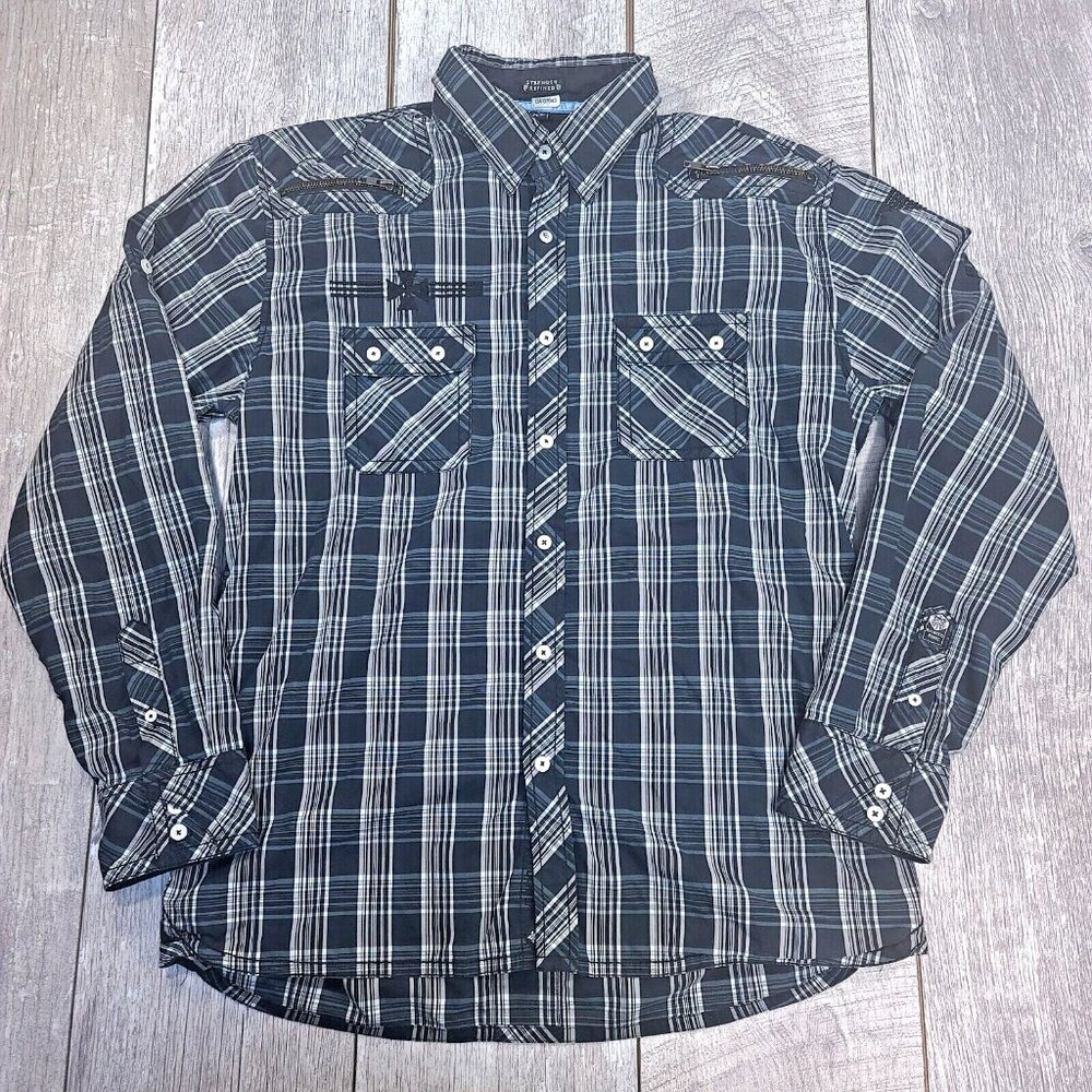 Roar Men Biker Rockabilly Shirt Size XL Black Plaid Strength Refined Long Sleeve